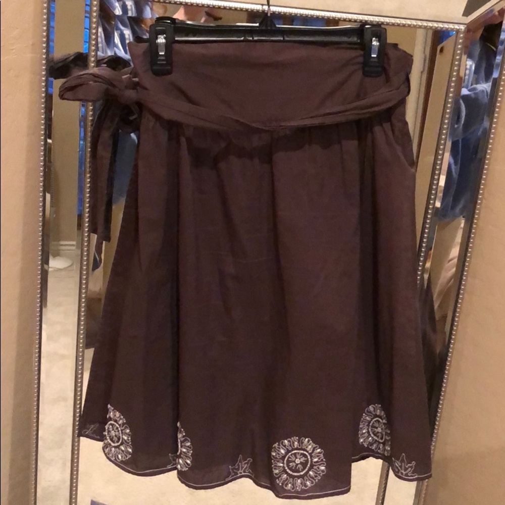 BCBG Brown Wrap Skirt Cotton and Beaded Detail